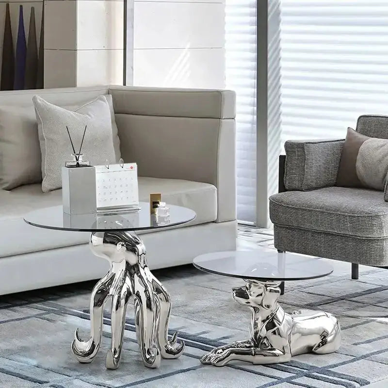Shiny silver decorbites octopus glass resin side table with glass top for living room accent