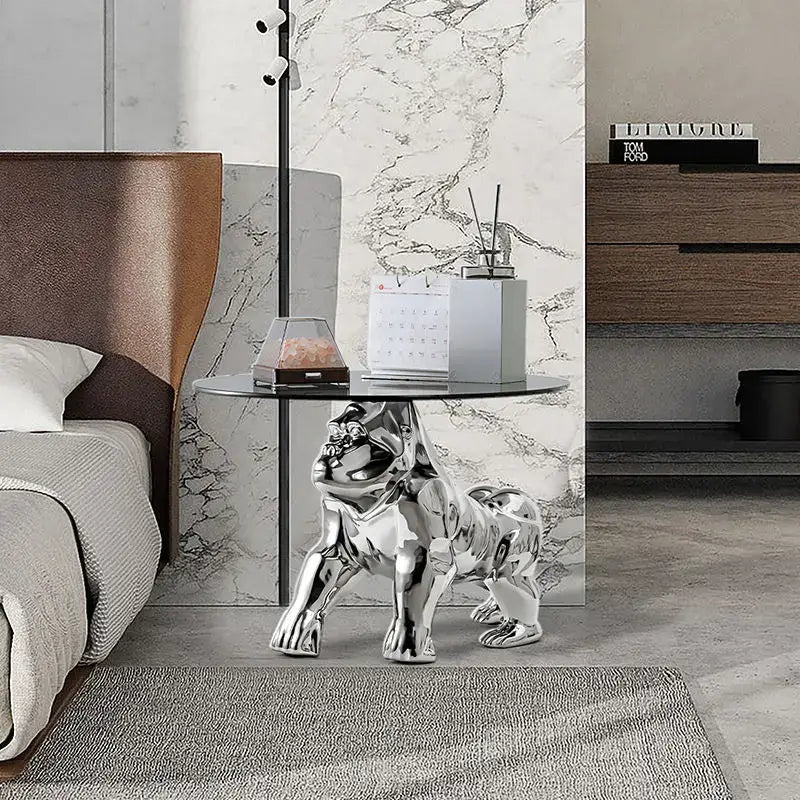 Shiny chrome-plated bulldog figurine side table as a living room accent by decorbites octopus glass gold resin side table