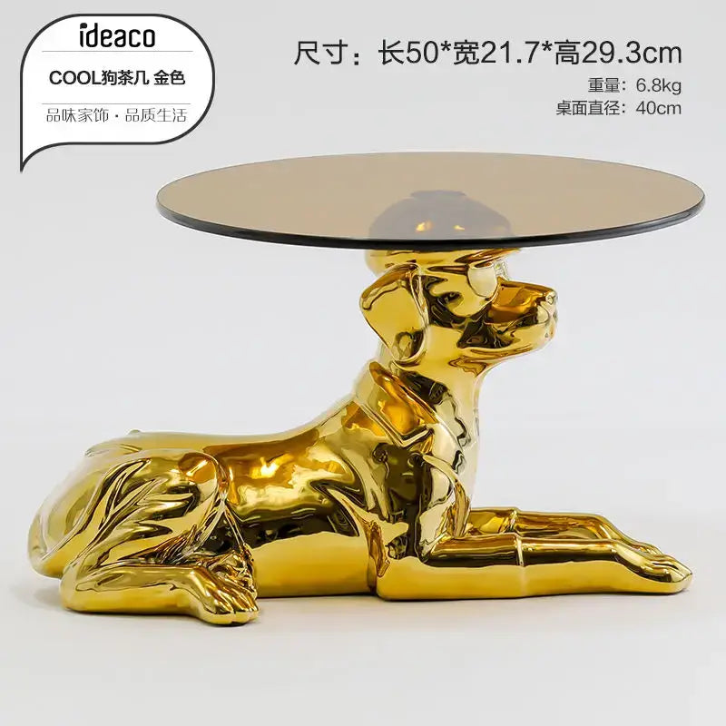 Golden glossy dog-shaped resin side table with round glass top from decorbites octopus glass living room accent