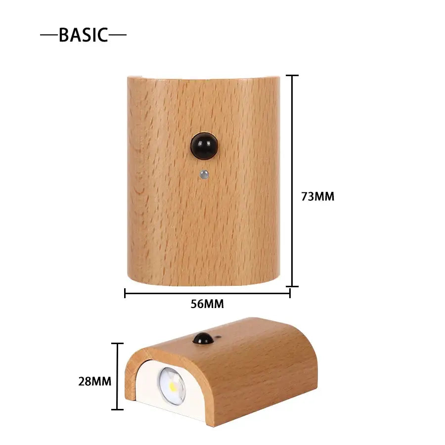 DecorBites™ Odin battery operated wall sconce with lightweight natural wood grain and black circular motion sensor