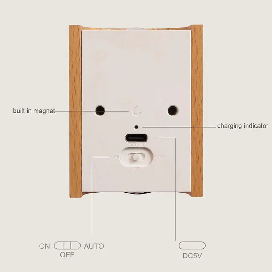 Wooden-framed white battery operated wall sconce with minimalist design and built-in magnet by decorbites odin