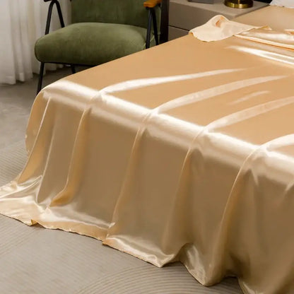 Beige satin bedding set from decorbites™ with smooth glossy finish and subtle sheen perfect for flat sheet use