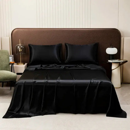 Black satin bedding set from decorbites™ opulent satin bedding set with a smooth glossy finish and flat sheet