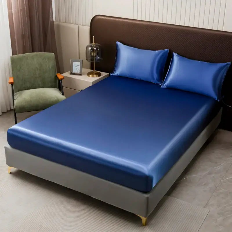 Decorbites™ opulent solid color satin bedding set with blue satin flat sheet and matching pillowcases for luxury comfort