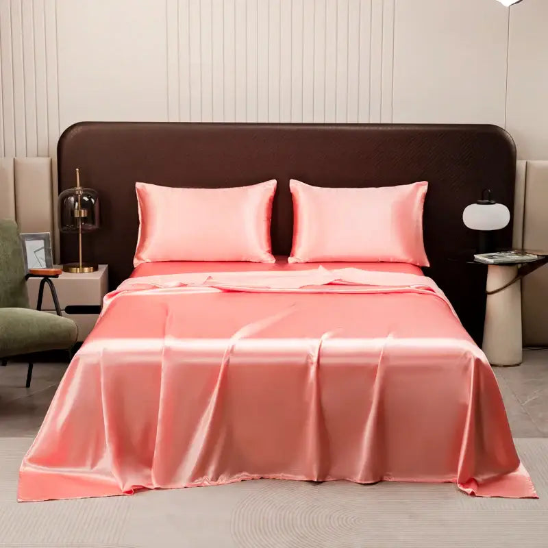 DecorBites™ opulent solid color satin bedding set in pink with flat sheet and matching pillowcases with glossy finish