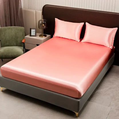 Pink satin bedding set with matching pillowcases and flat sheet from decorbites opulent solid color satin bedding set