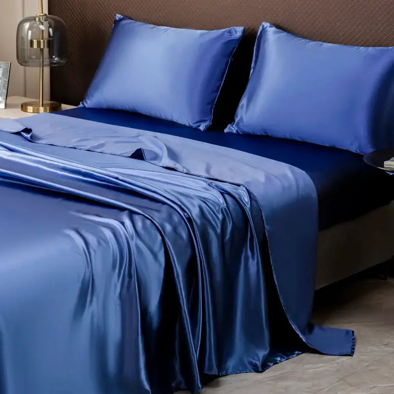 Decorbites™ opulent royal blue satin bedding set with smooth glossy finish including flat sheet and pillowcases