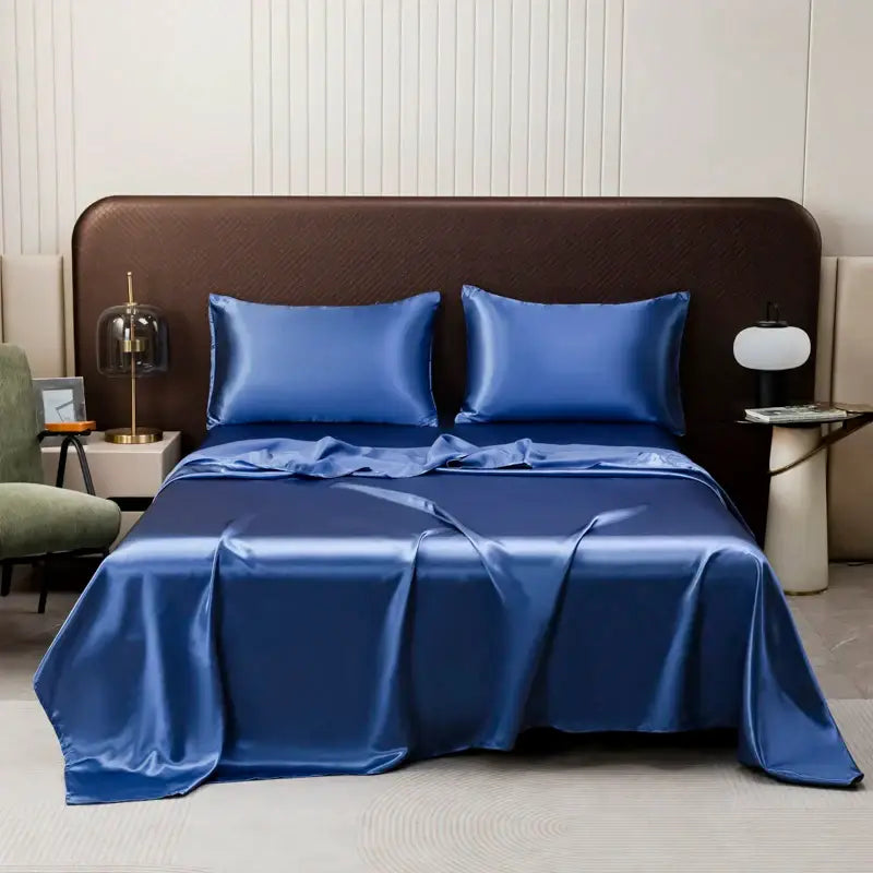 Decorbites opulent royal blue satin bedding set with flat sheet and pillowcases featuring smooth glossy finish