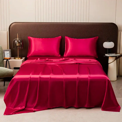 Decorbites™ opulent vibrant fuchsia satin bedding set with flat sheet and matching pillowcases for a luxurious finish