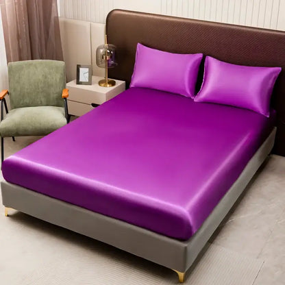 DecorBites™ opulent solid color satin bedding set in vibrant purple with smooth glossy finish and snug fit flat sheet