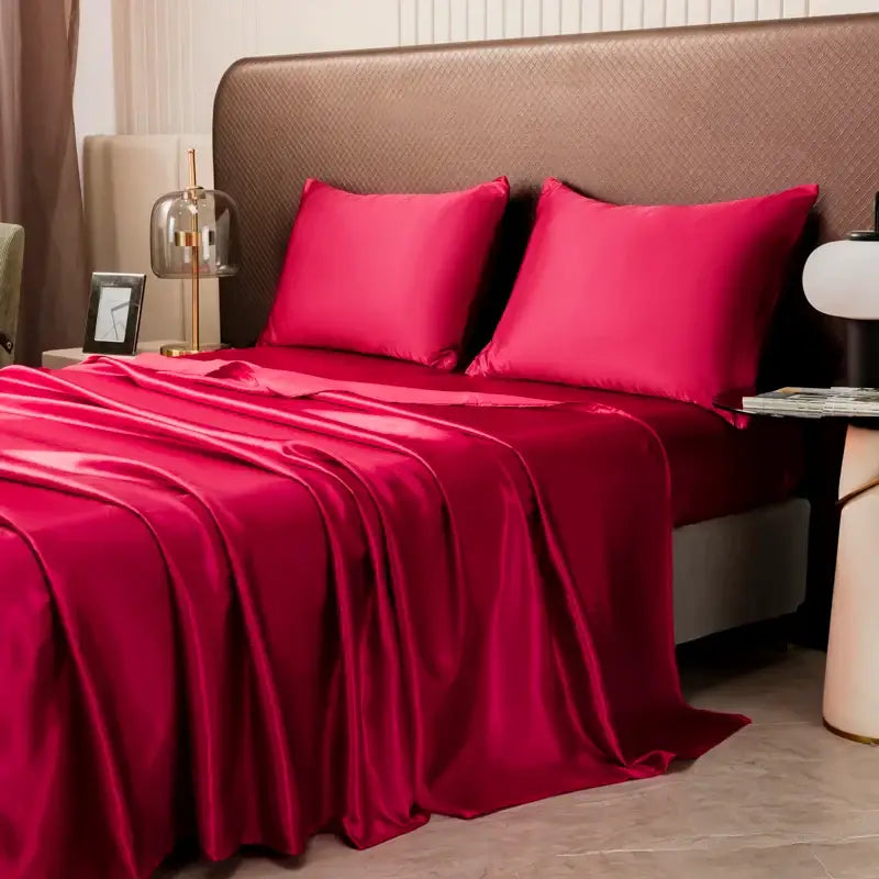 DecorBites™ opulent solid color satin bedding set in vibrant red with matching pillows and smooth lustrous finish