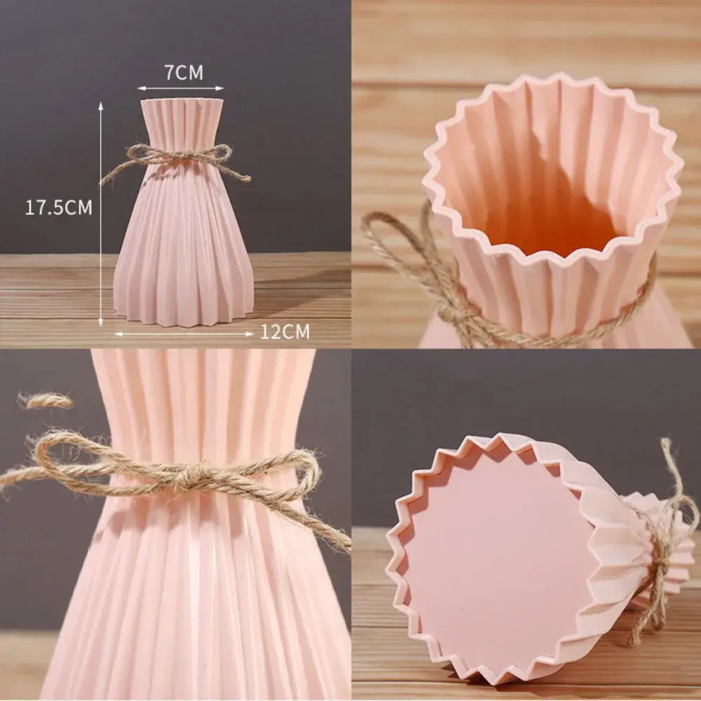 Pink pleated plastic flower vase with origami style design and rustic twine tie by DecorBites™ European collection