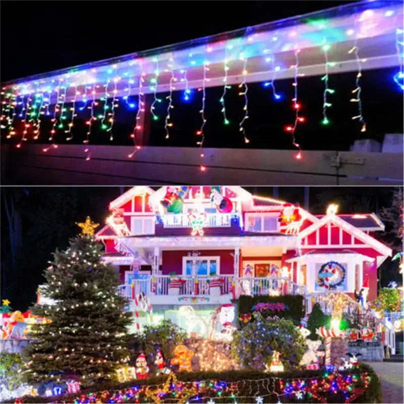 Colorful led decorbites™ outdoor christmas waterfall curtain string lights hanging in a cascading pattern on house eaves