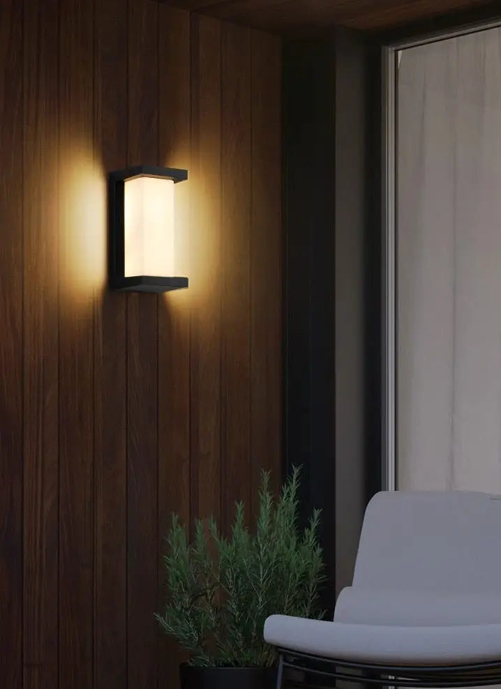 Decorbites™ black-framed led porch light with warm diffused glow and rectangular glass panel for outdoor use
