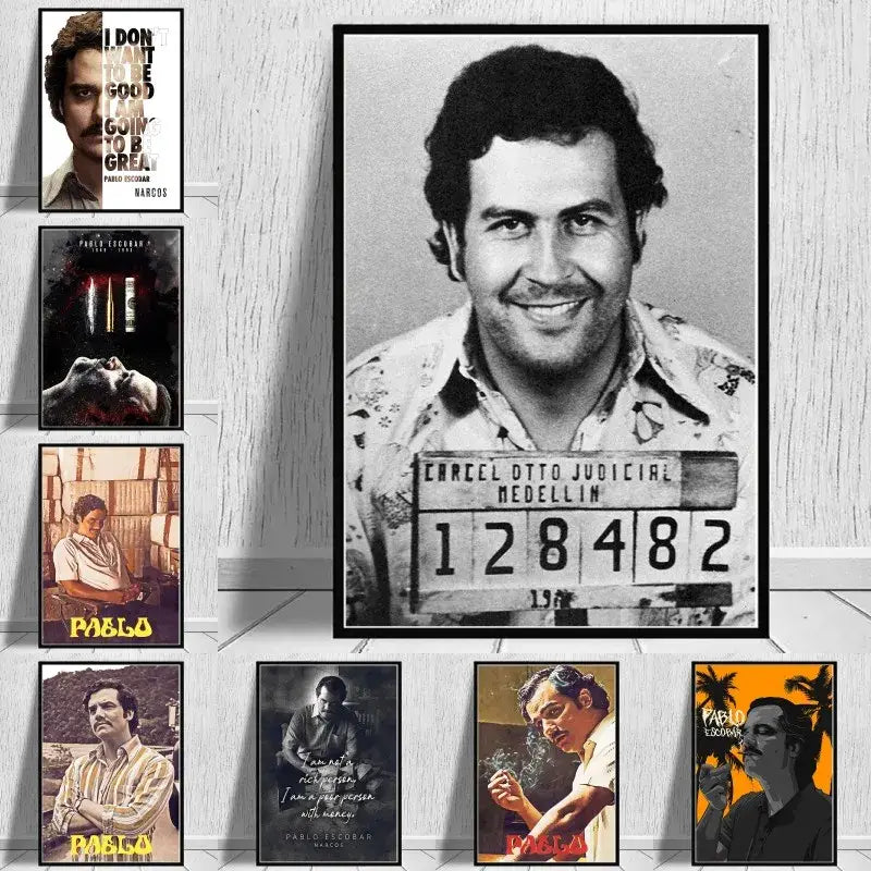 Black-and-white framed canvas wall art featuring pablo escobar mugshot with carcel otto judicial medellin text for decor