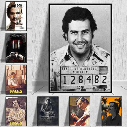 Black-and-white framed canvas wall art featuring pablo escobar mugshot with carcel otto judicial medellin text