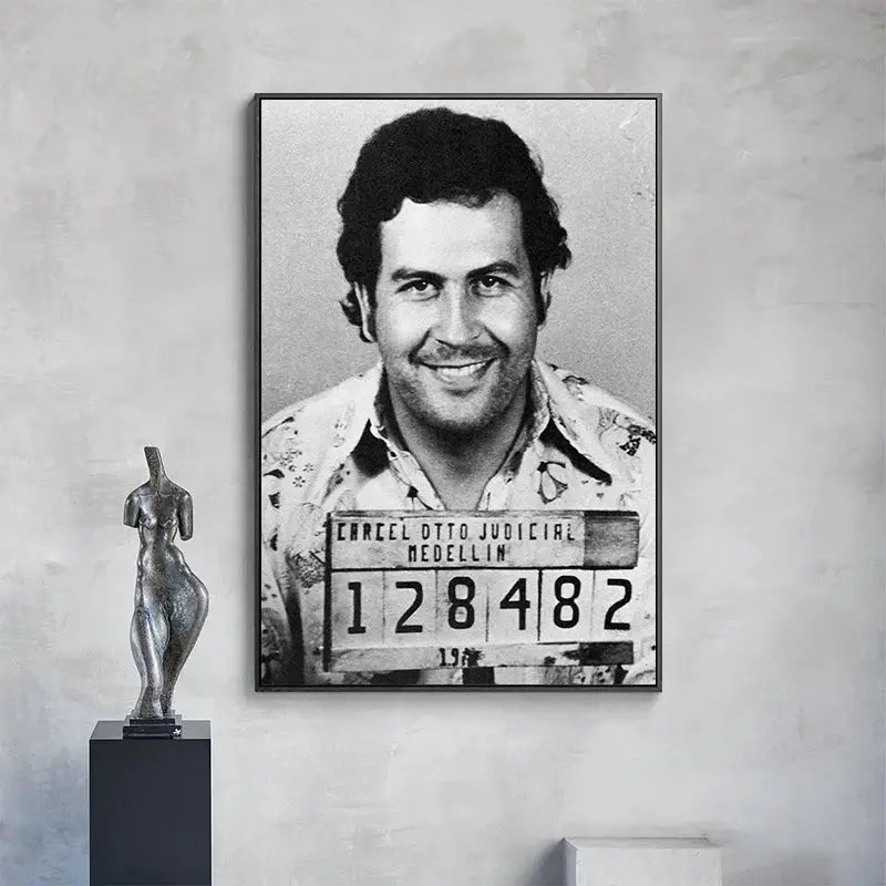 Black and white framed canvas wall art of lord pablo escobar in a floral shirt with mugshot identification plate
