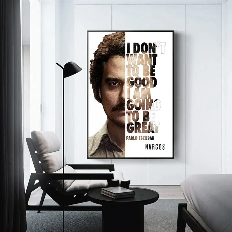Framed DecorBites™ pablo escobar canvas wall art with a portrait and motivational text in black and beige colors