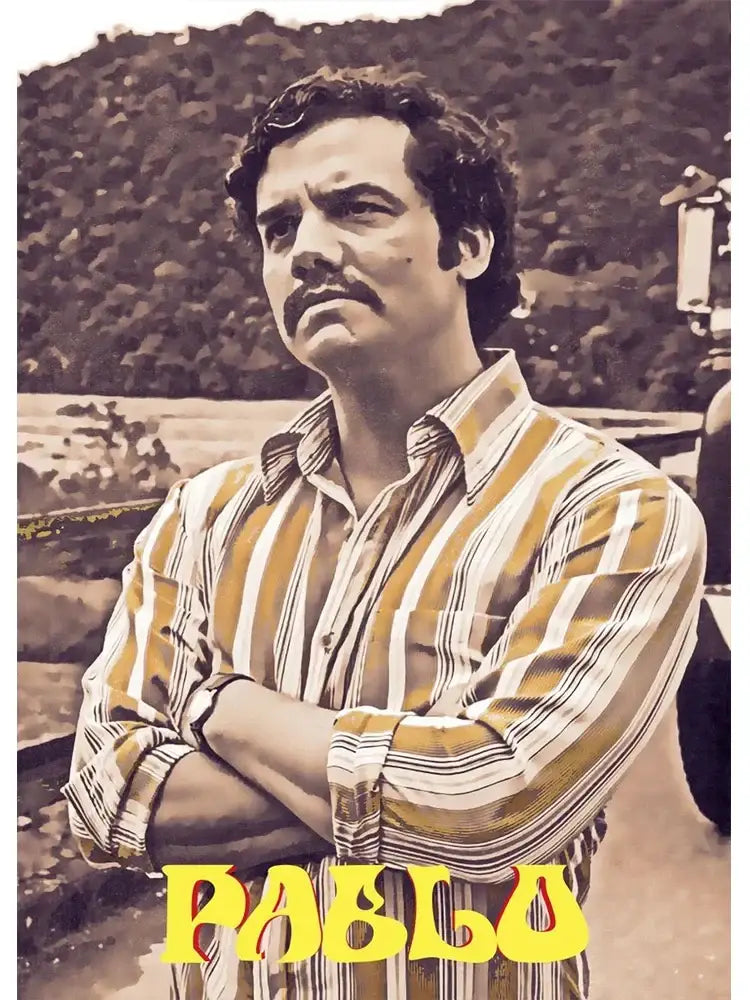 A man wearing a yellow white and brown striped shirt featured in decorbites™ pablo escobar drug lord pablo escobar wall art