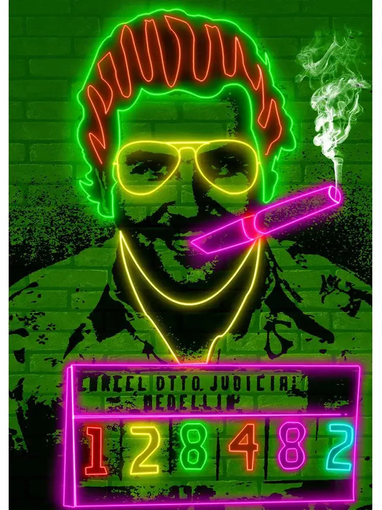 Neon-lit decorbites pablo escobar wall art featuring glowing green hair yellow sunglasses and pink cigar on brick wall