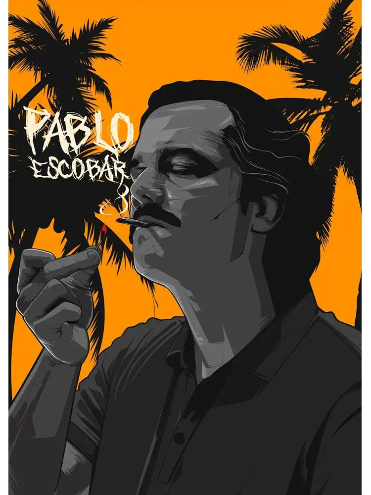 Stylized black and white canvas wall art of pablo escobar smoking with palm trees for lord pablo escobar decor