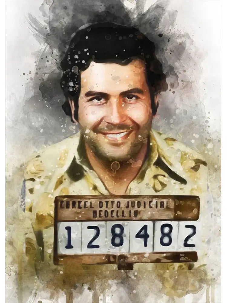Watercolor-style wall art canvas featuring lord pablo escobar with a wooden jail mugshot plaque number 128482