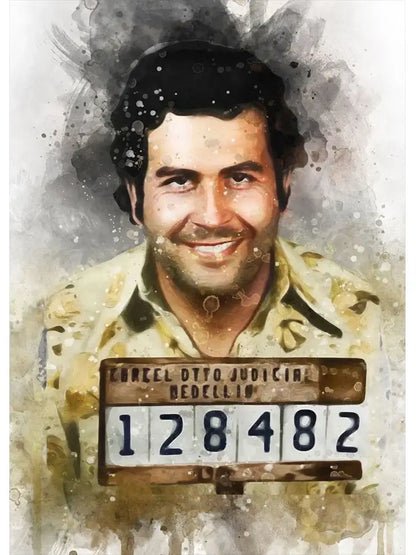 Watercolor-style wall art canvas featuring lord pablo escobar with a wooden jail mugshot plaque number 128482
