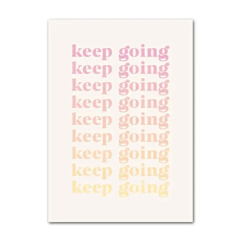 Decorbites™ pastel abstract flower wall art print with minimalist keep going text fading from pink to yellow, ideal for wall art
