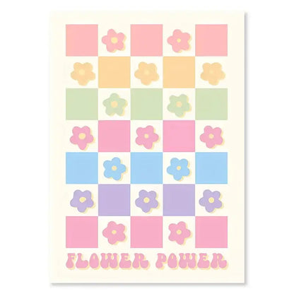 Decorbites™ pastel abstract flower wall art print featuring a floral checkerboard design with flower power text