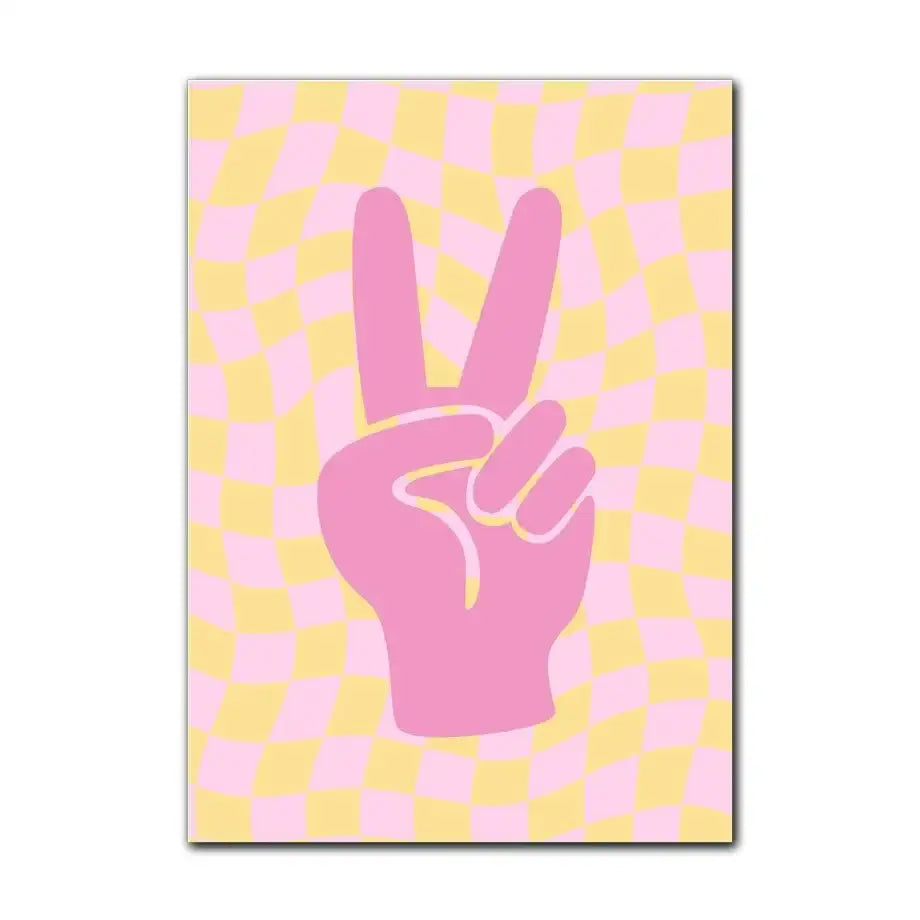 DecorBites™ wall art featuring a pink peace sign hand on a pastel yellow and pink checkered pastel abstract flower background