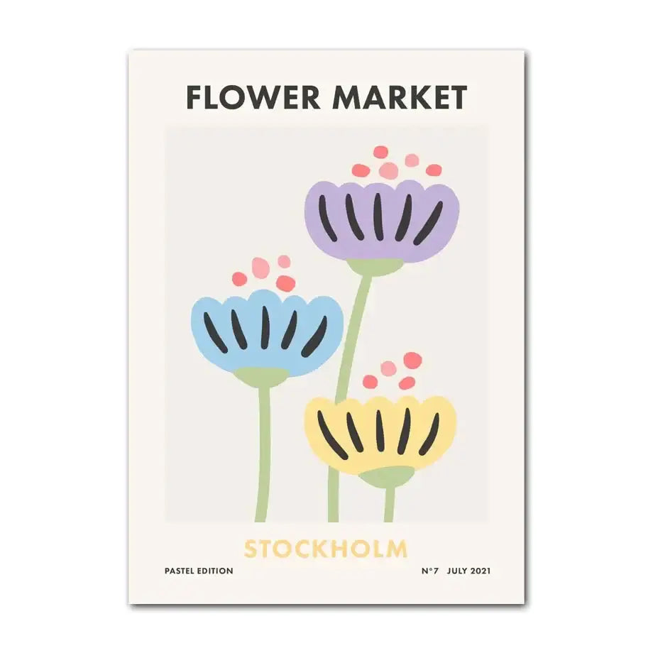 Pastel-colored decorbites™ wall art print featuring checkered smiley flower design in purple, blue, and yellow hues