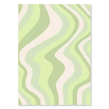 A rectangular decorbites™ wall art print with a modern abstract design of flowing checkered smiley flower stripes in mint green and cream