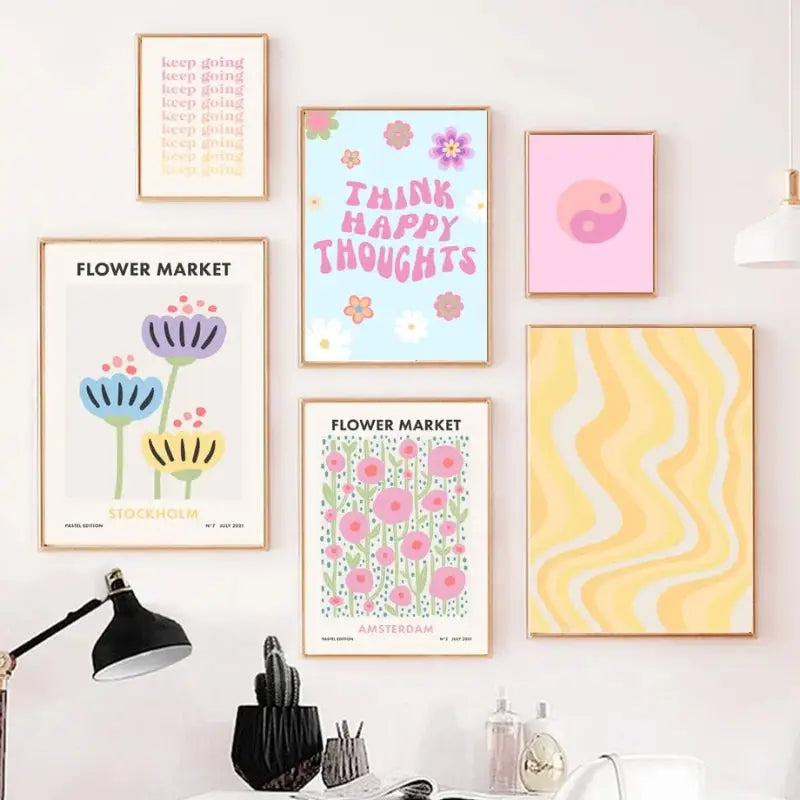 Pastel danish abstract wall art print by decorbites featuring purple smile flowers in floral and motivational designs