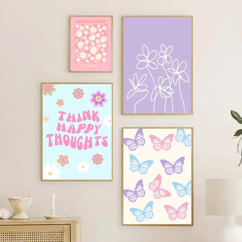 Set of four pastel colored framed wall art prints featuring danish abstract floral and butterfly designs by decorbites