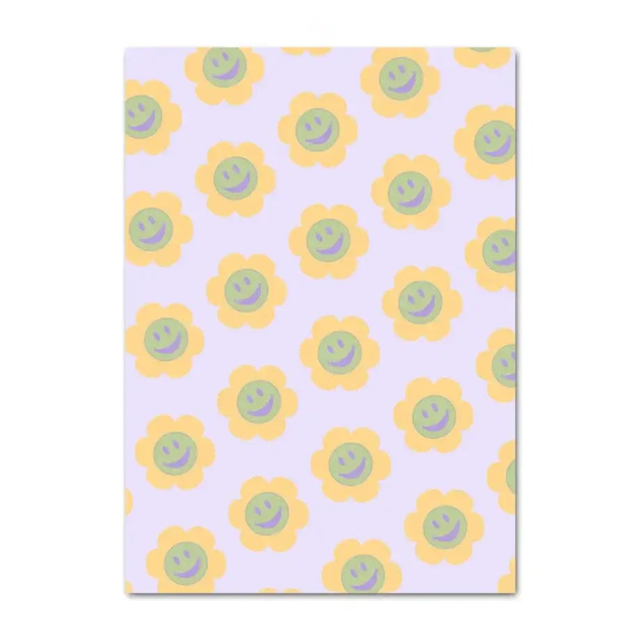 Pastel lavender notepad with cheerful yellow flowers and smiling green faces in decorbites™ pastel danish abstract wall art print