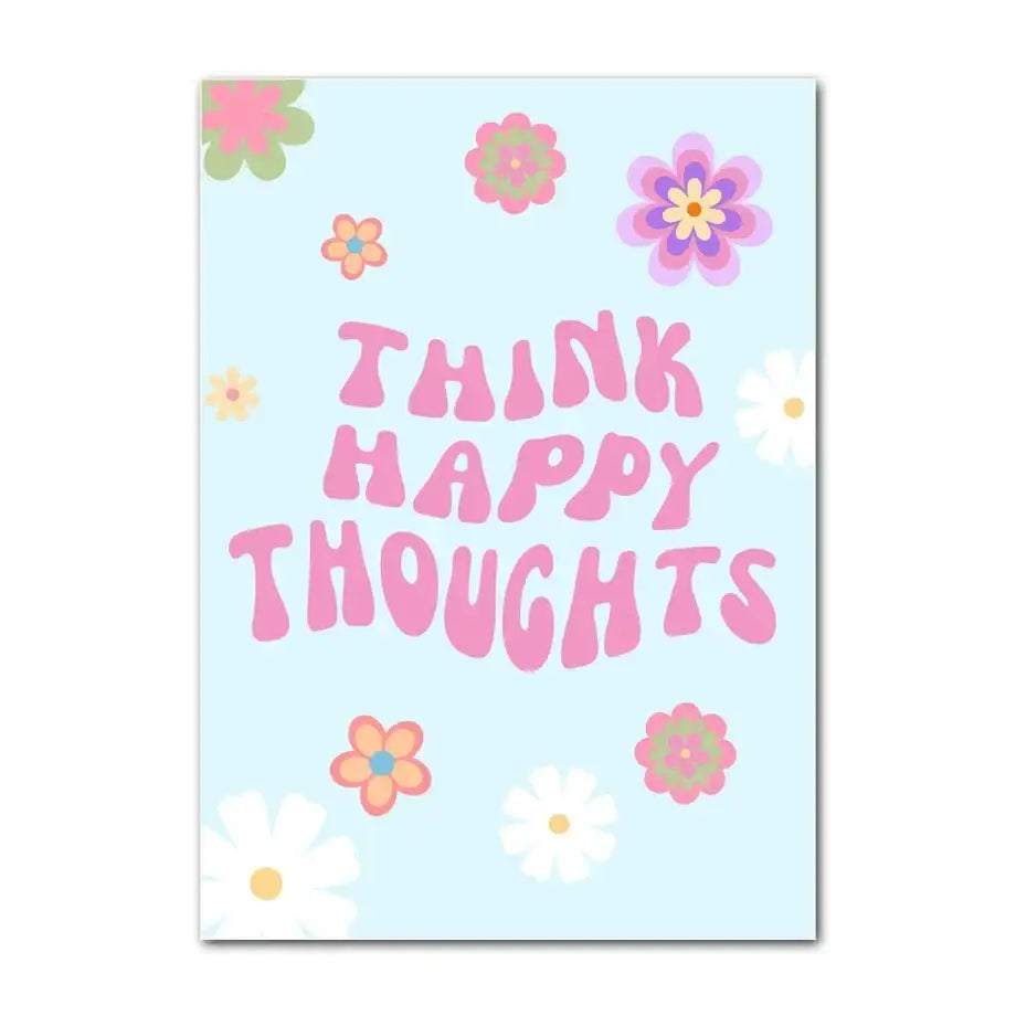 Decorbites™ pastel danish flower wall art print with bold pink think happy thoughts text on abstract danish pastel background