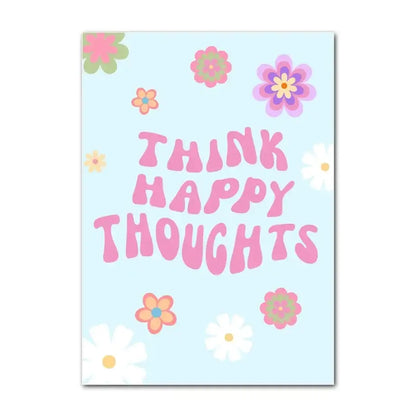 Decorbites™ pastel danish flower wall art print with bold pink think happy thoughts text on blue card with colorful flowers