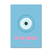 Light blue rectangular decorbites™ wall art with abstract danish pastel eye design and pink mykonos lettering