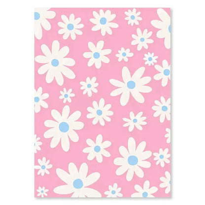 Pink floral notebook cover with white daisies and light blue centers inspired by danish pastel wall art decorbites