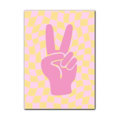 Decorbites™ pastel danish flower wall art print featuring a pink peace sign hand on pastel yellow and pink checkered background