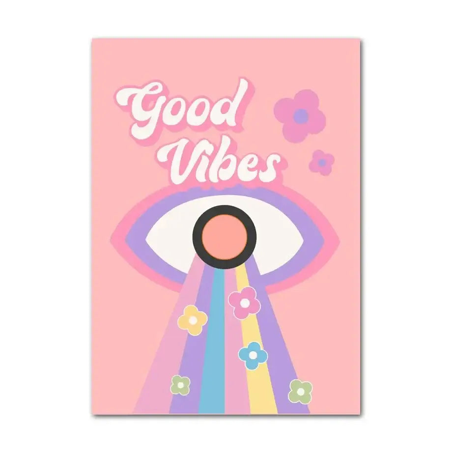 Pink rectangular DecorBites™ wall art print featuring an abstract Danish pastel eye with rainbow rays and good vibes text