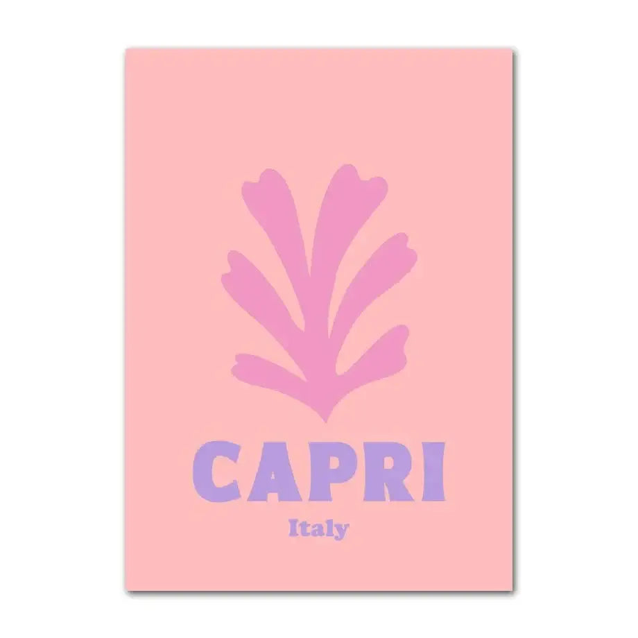 DecorBites™ pastel danish wall art print with pink background and stylized purple seaweed featuring capri italy text