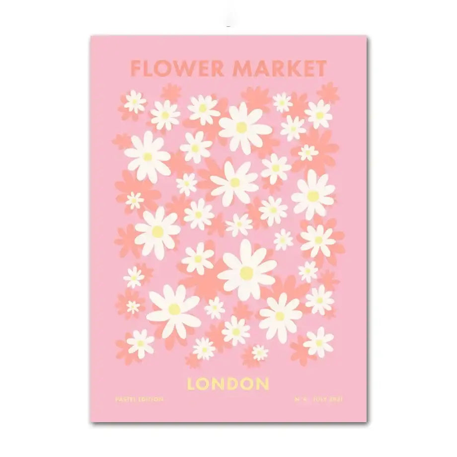 Decorbites™ pastel danish smiley flower canvas wall art featuring white daisies and peach accents with gold london text