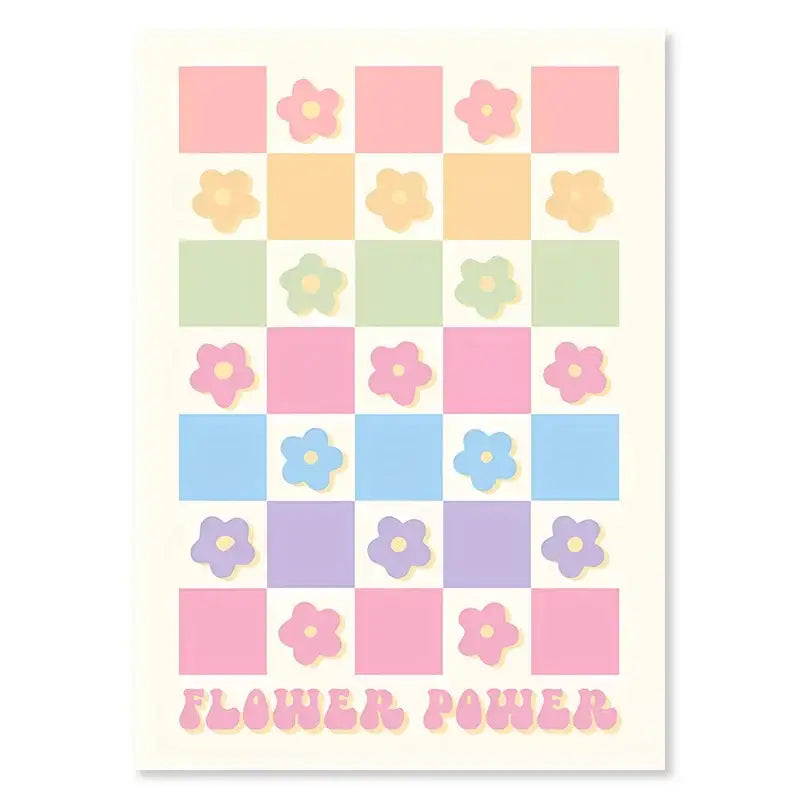 Decorbites™ pastel purple abstract wall art print featuring a pastel-colored floral checkerboard with flower power text