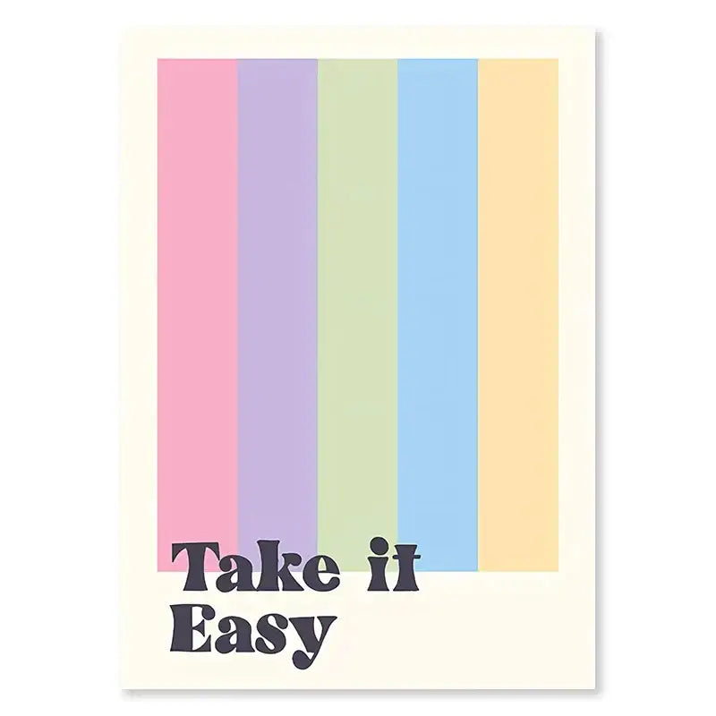 DecorBites™ pastel purple abstract wall art print with pastel rainbow stripes and dark gray take it easy text