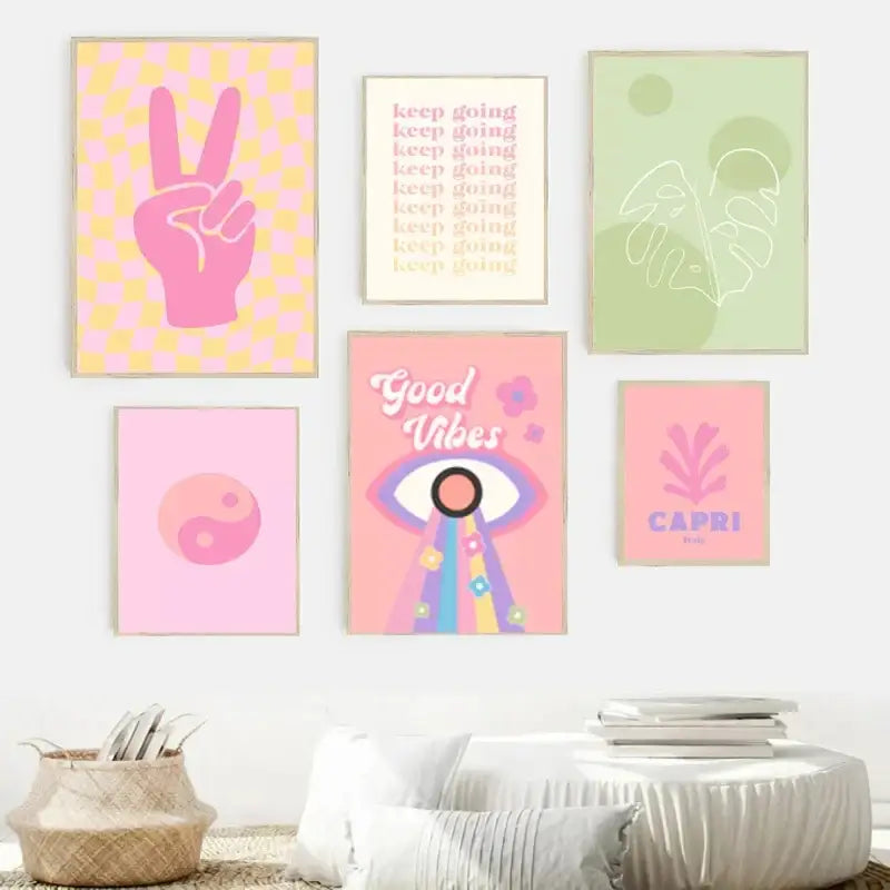 A set of six pastel purple abstract wall art prints featuring vibrant retro and bohemian framed designs by decorbites