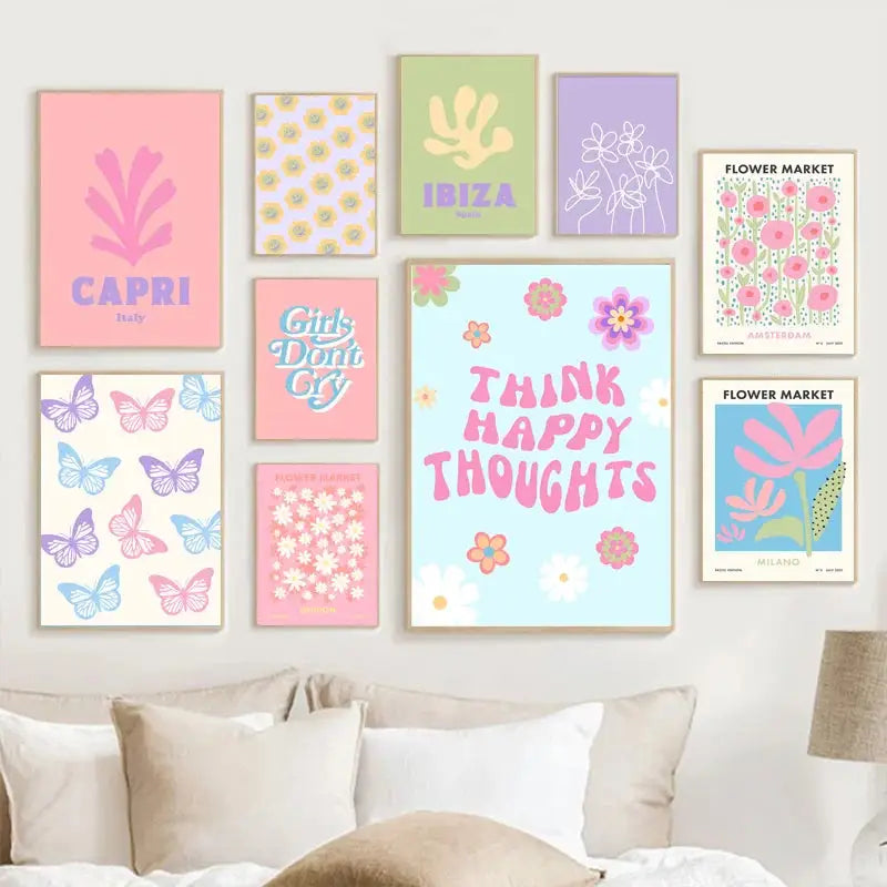 A collection of pastel purple framed wall art prints featuring smiley flower canvas, floral, butterfly, and travel designs