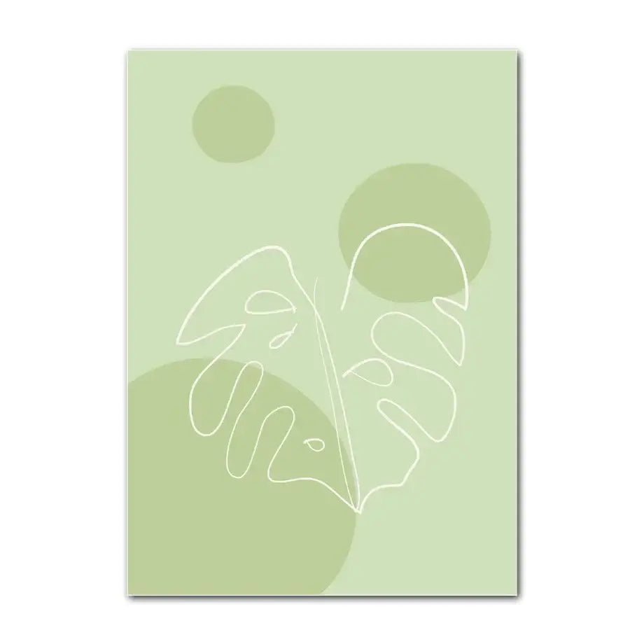 Decorbites™ pastel purple smiley flower canvas wall art with minimalist white monstera leaf line drawing on sage green circles