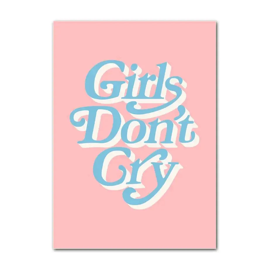 Decorbites pastel purple smiley flower canvas wall art featuring pink girls dont cry wall art with light blue cursive lettering