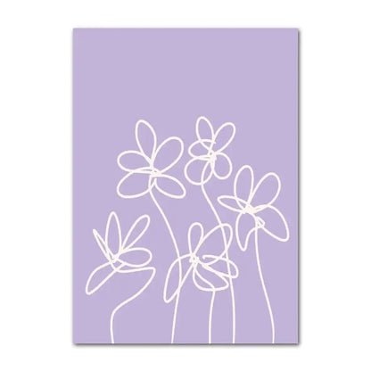 Lavender-colored decorbites™ pastel smile flower canvas wall art with minimalist white line-drawn flowers for decor